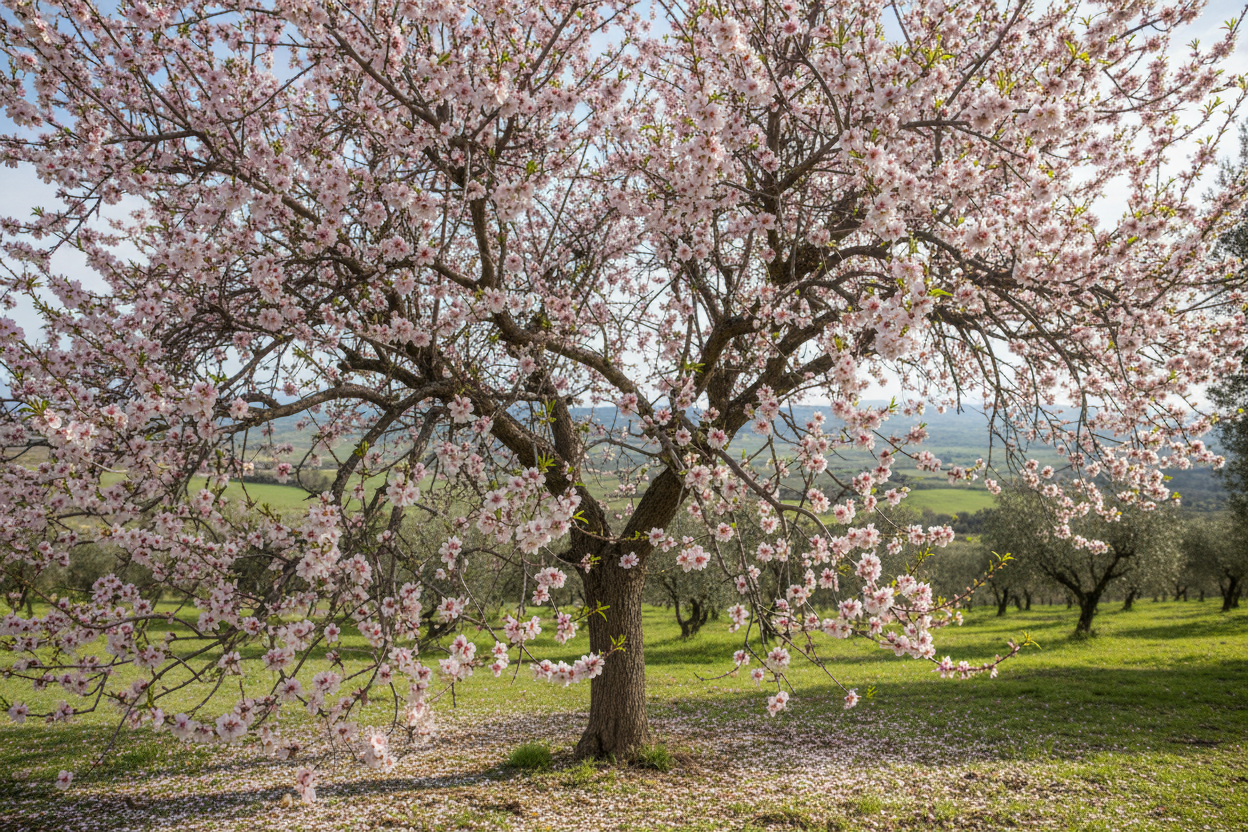 Blossoming almond tree in a field with a scenic background