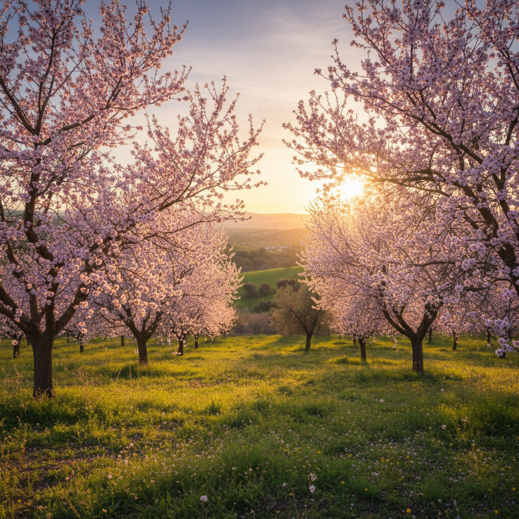almond blossom trees in full bloom with a sunset in the background