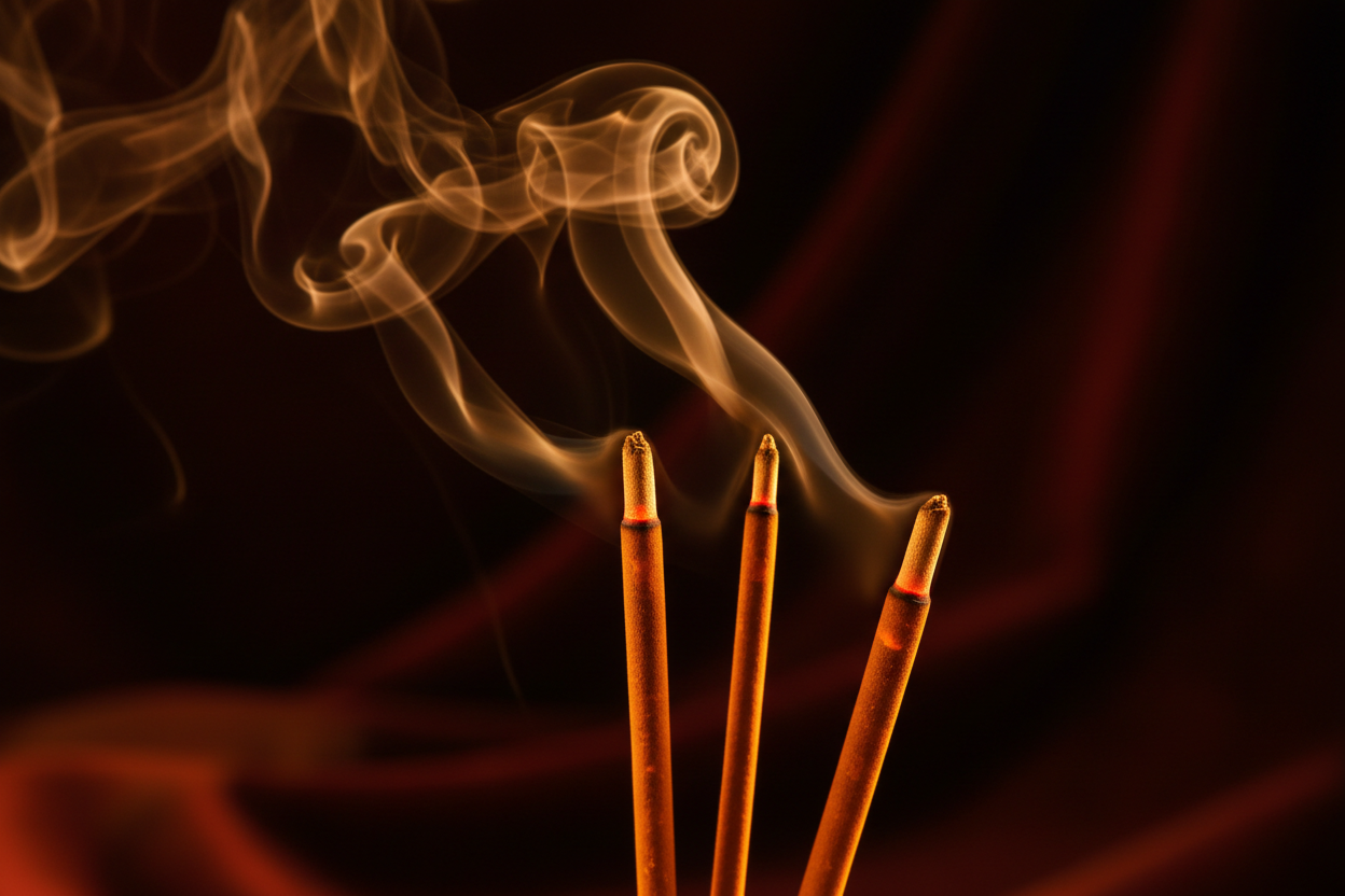 Three incense sticks with smoke against a dark background