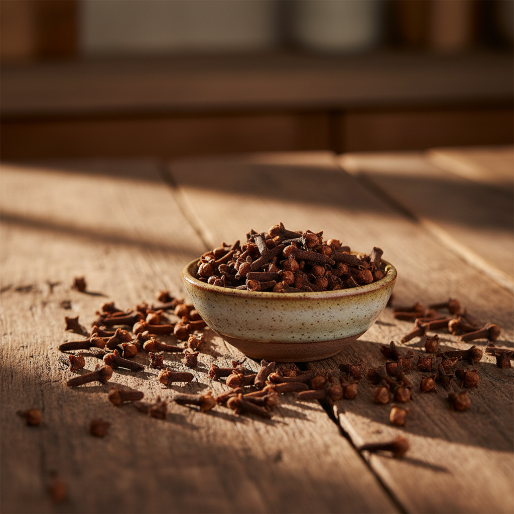 Bowl of cloves on a wooden surface with warm lighting