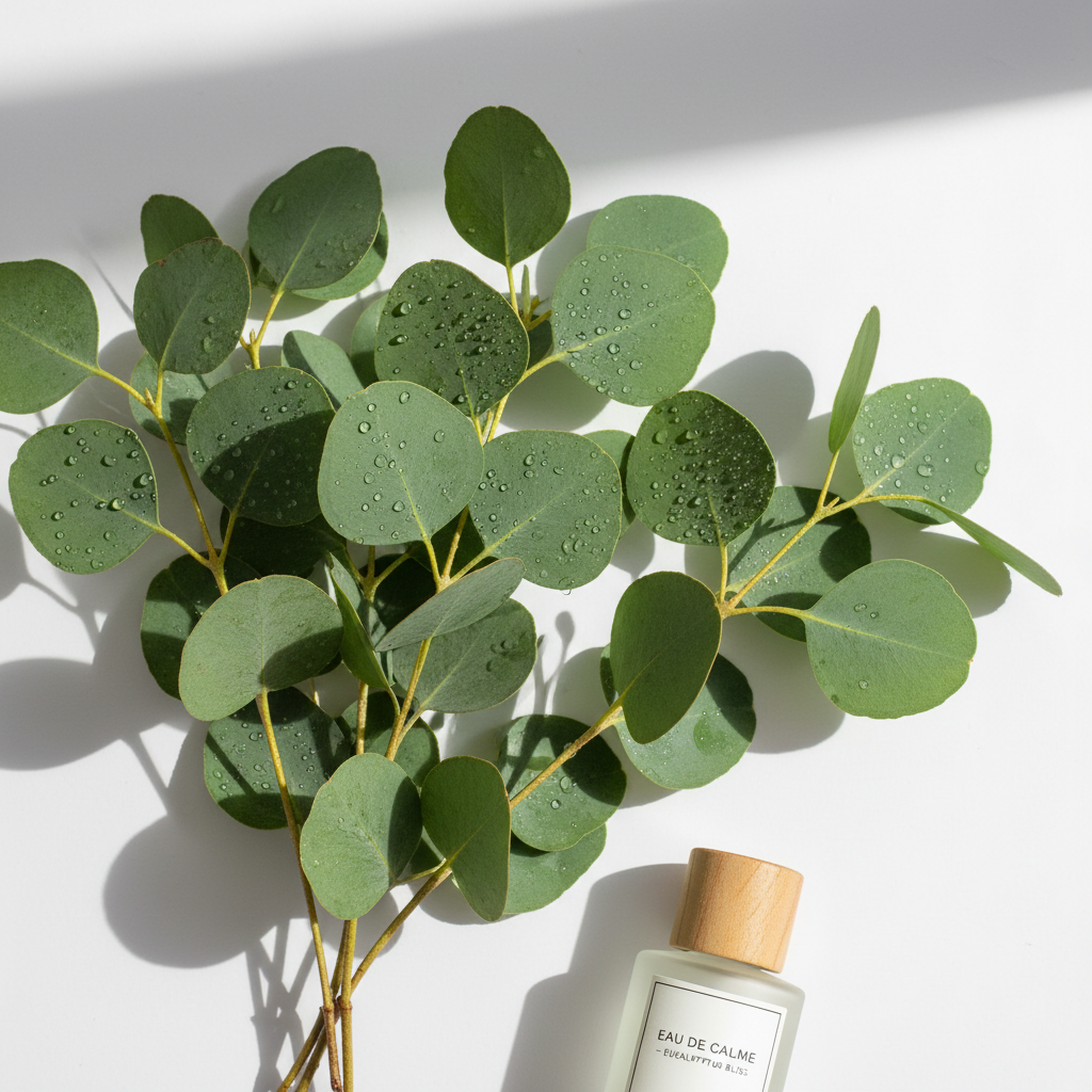 Bouquet of eucalyptus leaves with a bottle labeled 'Eau de Calme' on a white background