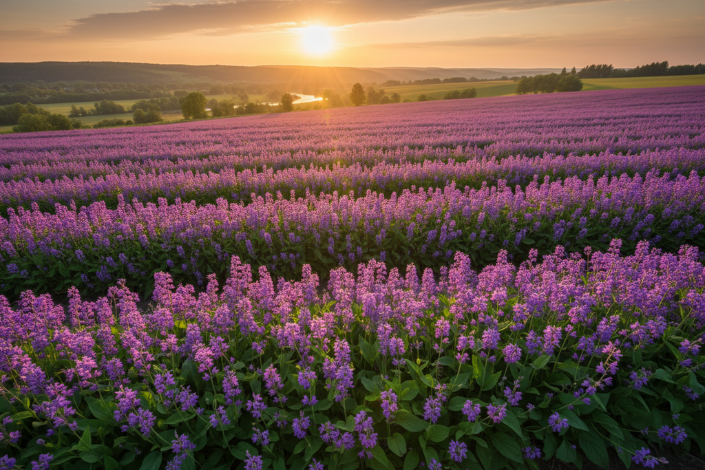 Sunset over a field of violets