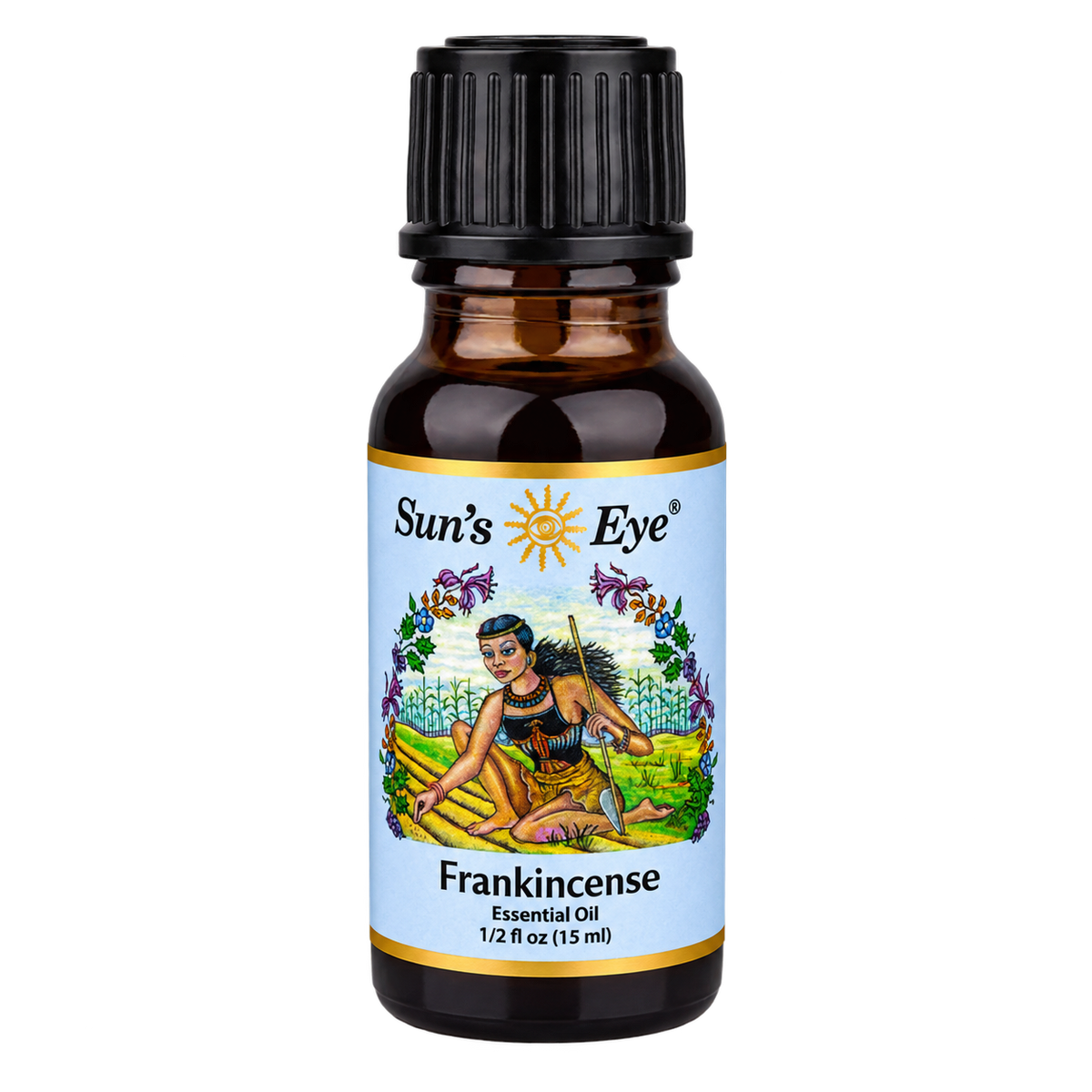 A 1/2 fl oz amber glass bottle of Sun's Eye Frankincense Essential Oil with a black ribbed cap and a light blue label featuring an illustration of a woman cutting frankincense.