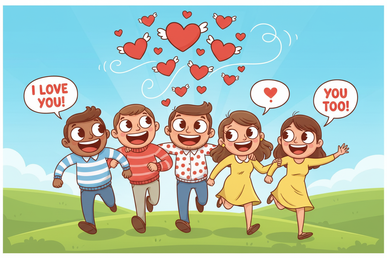 Cartoon children running together with hearts and speech bubbles saying 'I love you!' and 'You too!'.