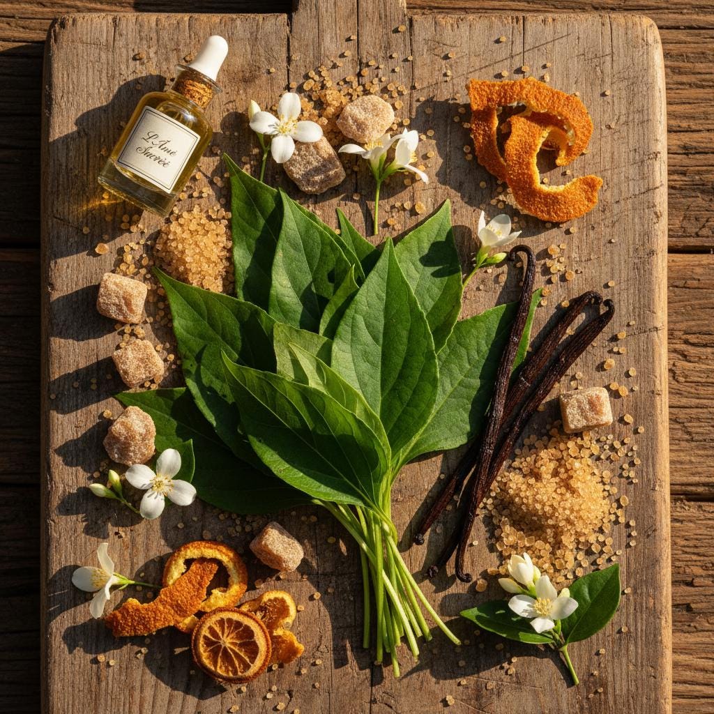 Sweet Patchouly, Spices and vanilla beans on a wooden surface with a bottle of vanilla extract.
