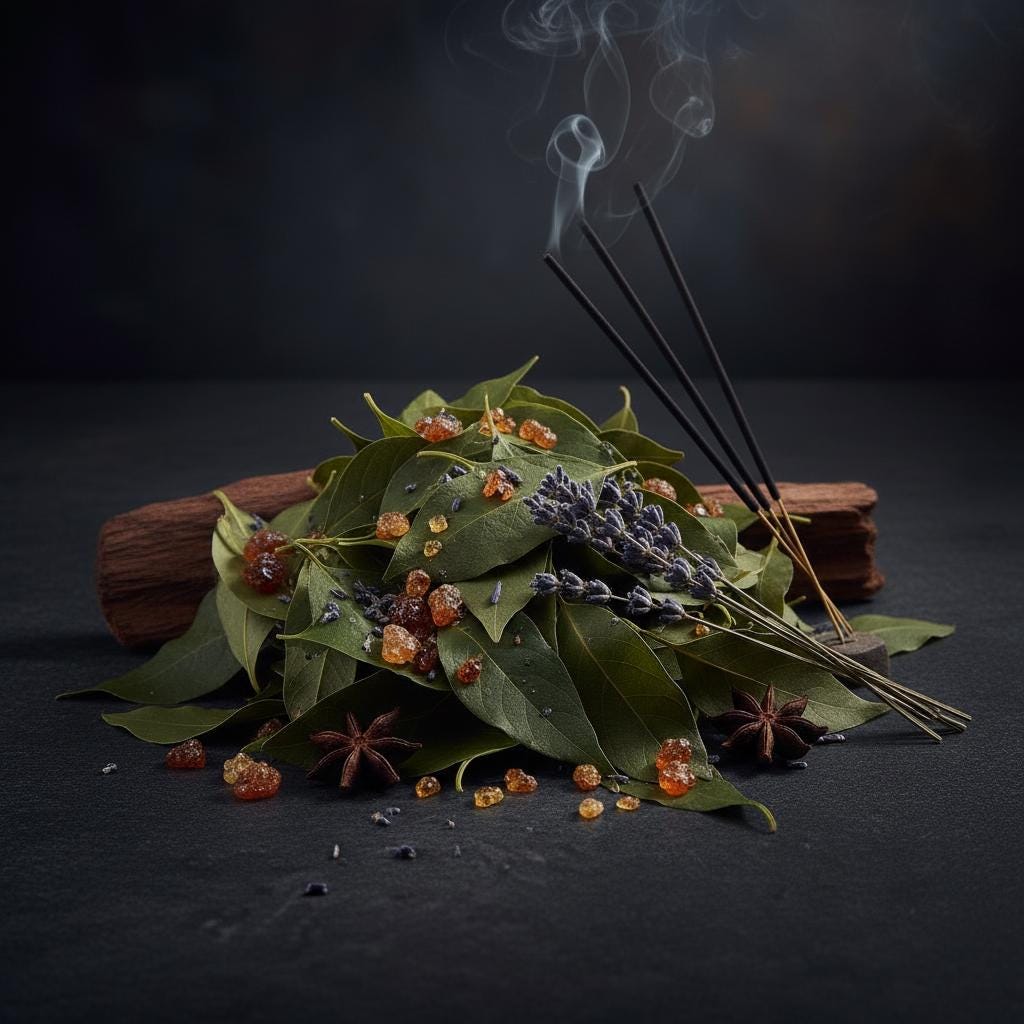 Patchouly with incense sticks on a dark background