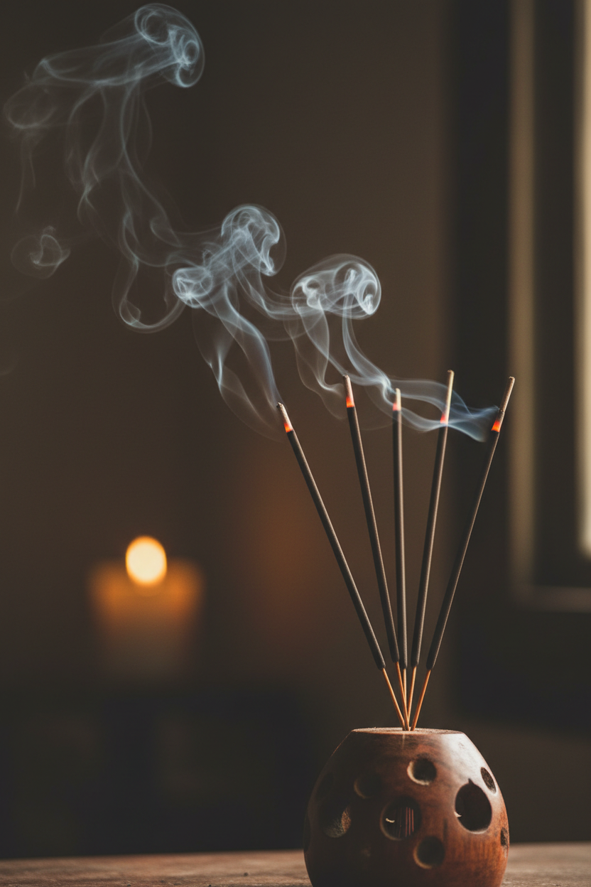 Incense sticks with smoke in a ceramic holder on a dark background