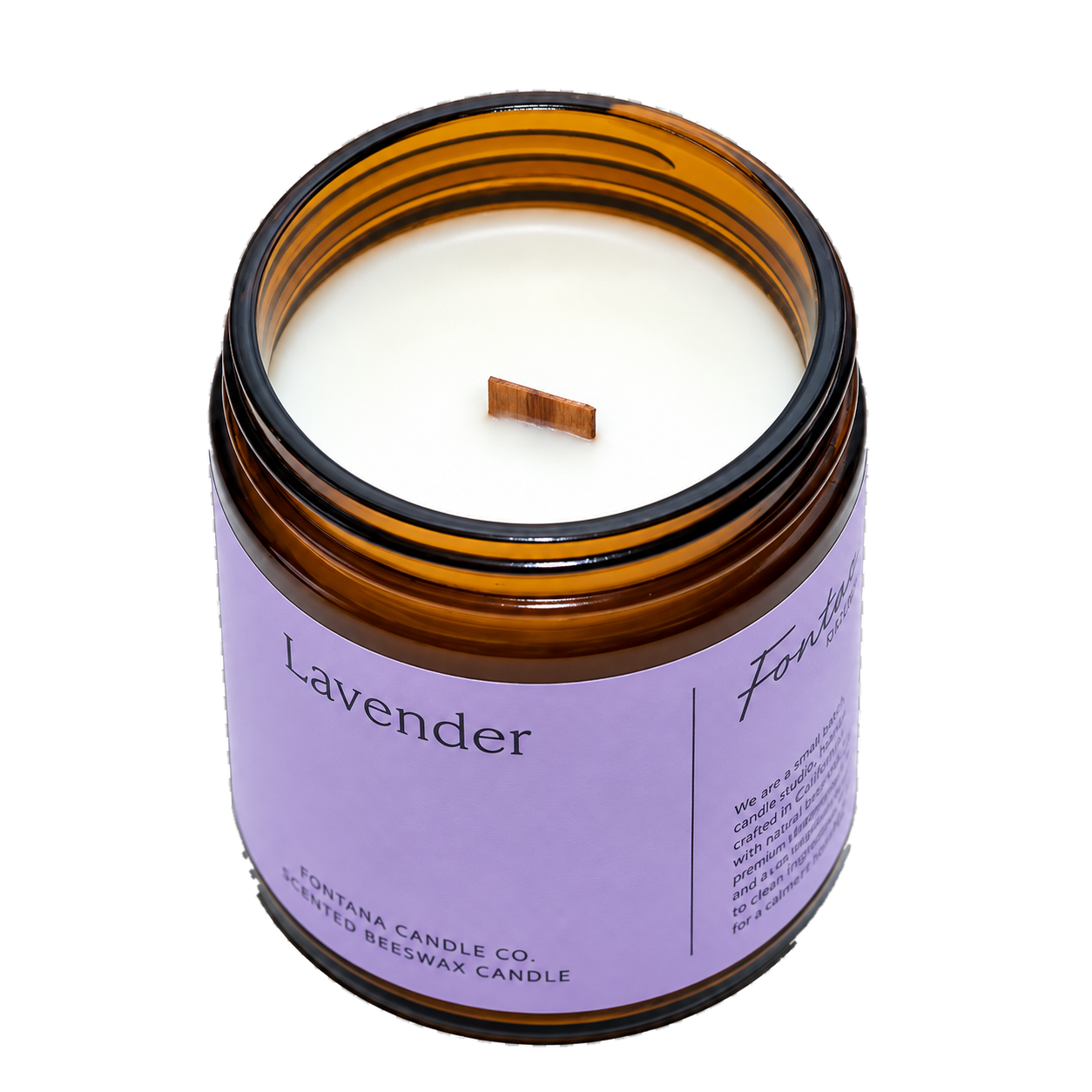An amber glass jar candle with white wax and a small wooden wick, labeled 'Lavender' by Fontana Candle Co., shown on a transparent checkerboard background.