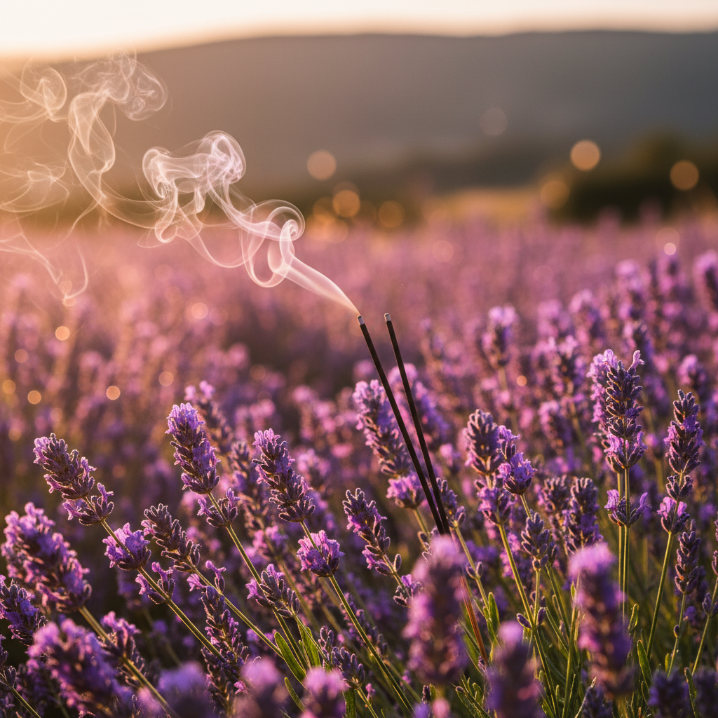 Lavender field with lavender incense sticks emitting smoke against a blurred landscape.