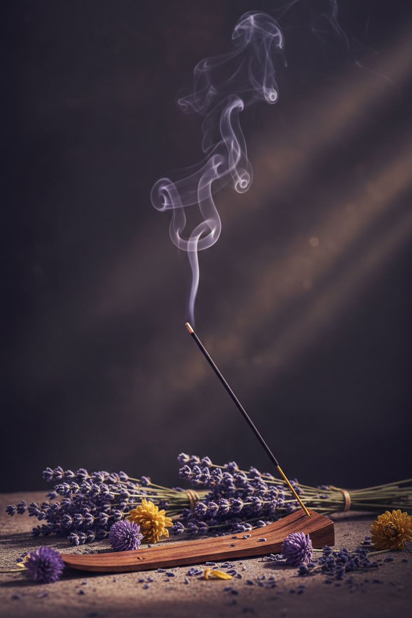 Incense stick with smoke rising above lavender flowers on a dark background