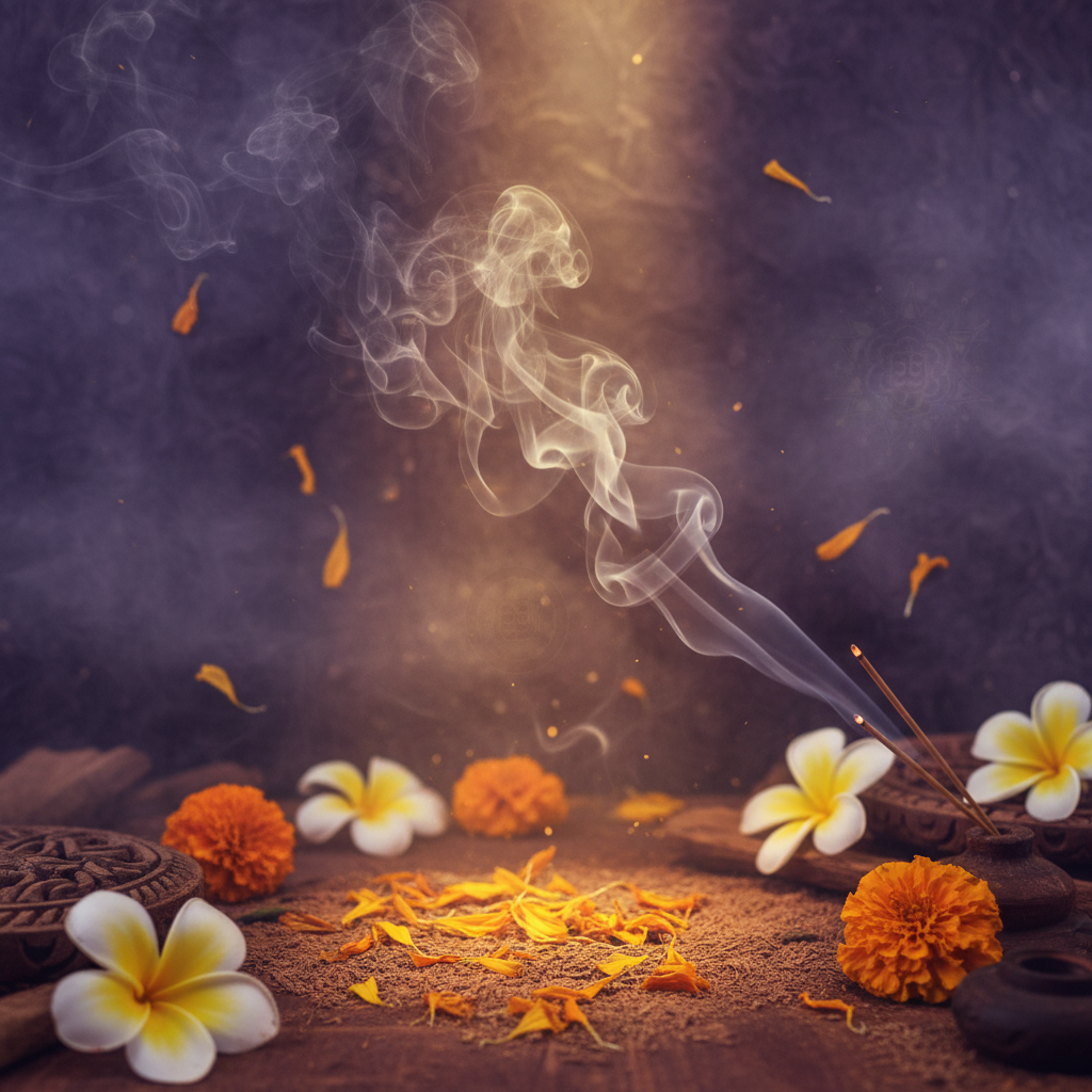 Incense sticks with smoke, flowers, and petals on a dark background