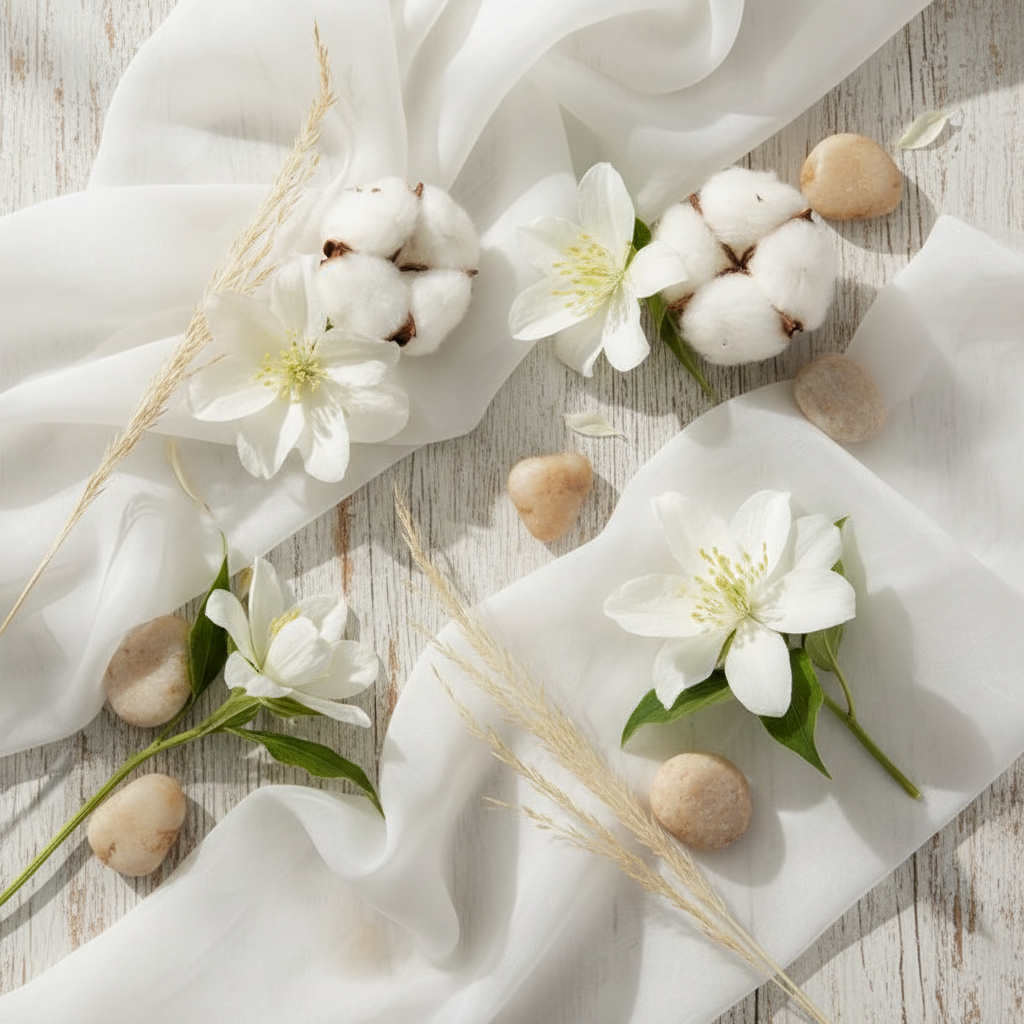 White flowers, cotton bolls, and beige stones on a light wooden surface with white fabric.