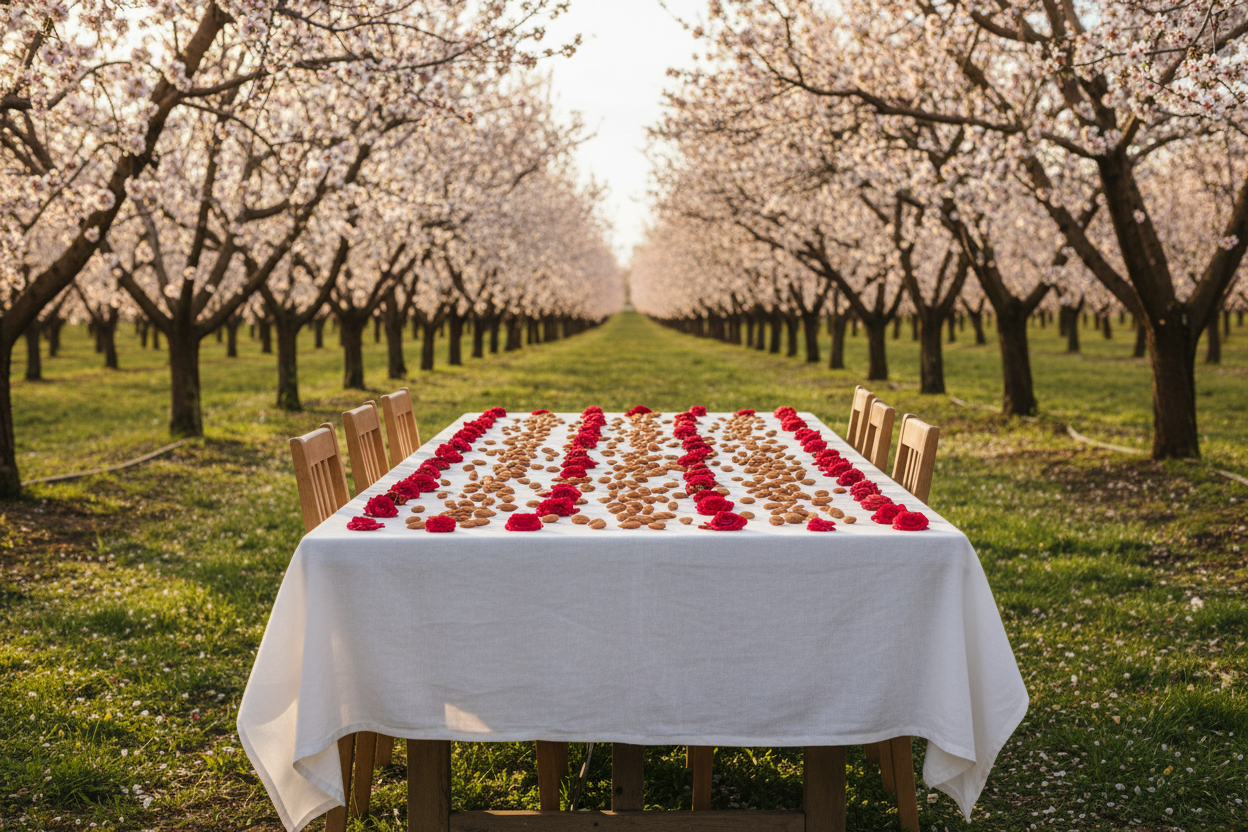 Table set with a rose floral arrangement in the middle of a almond  orchard