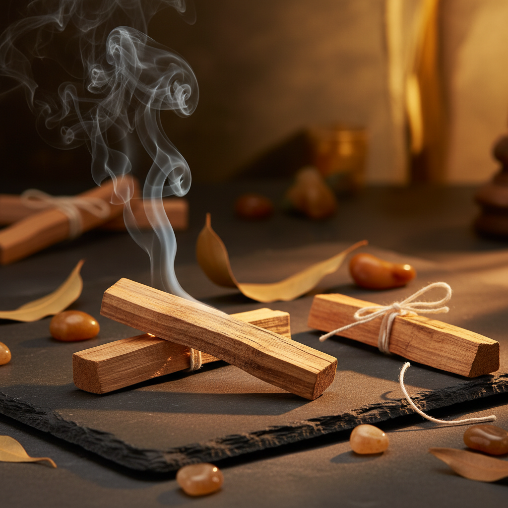 Palo Santo incense sticks with smoke on a dark surface with stones and leaves.