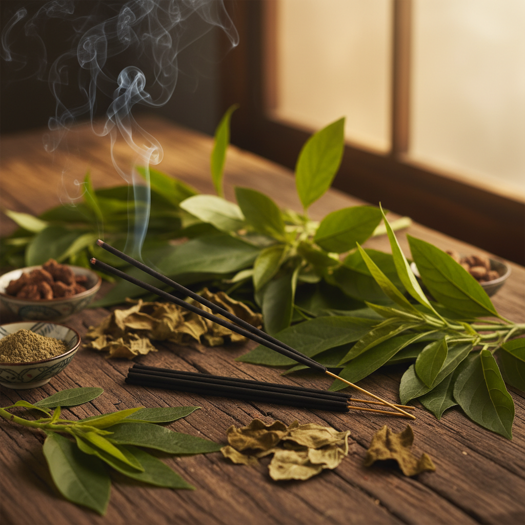 Incense sticks with smoke on a wooden surface surrounded by patchouly leaves and small bowls of herbs.