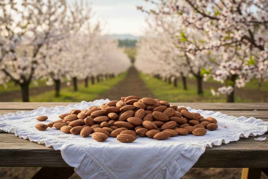 Almonds on a table with blooming almond trees in the background