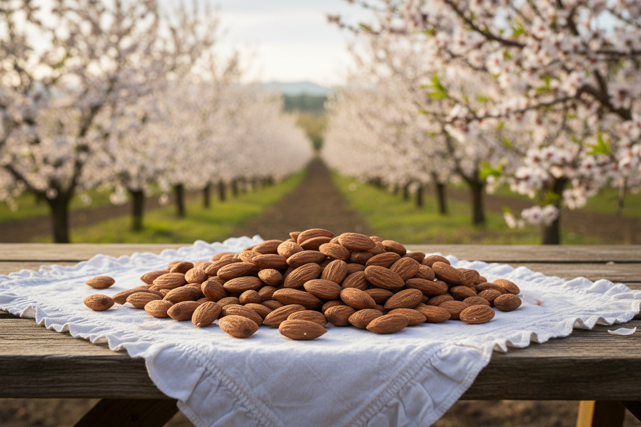 Almonds on a table with blooming almond trees in the background