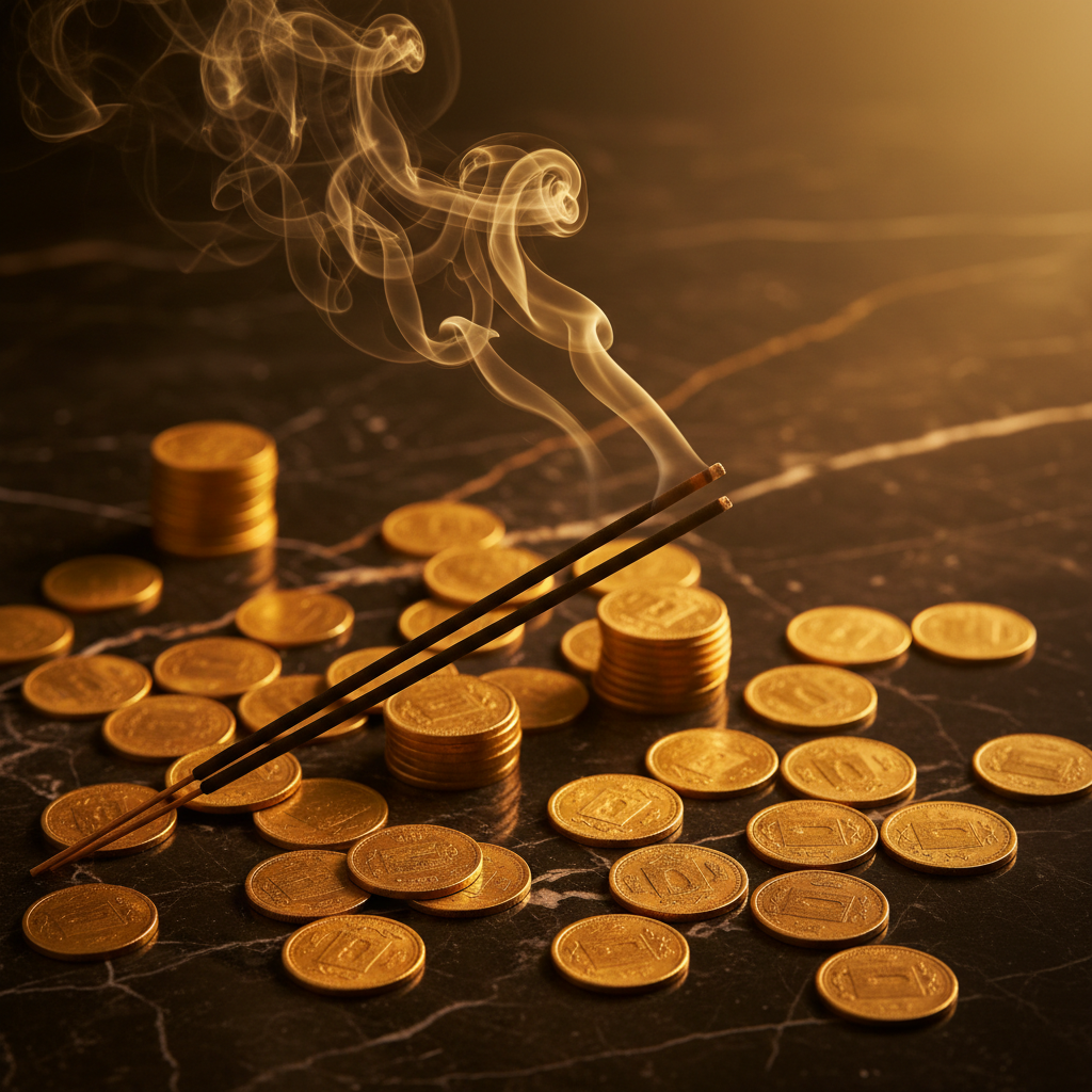 Gold coins with prosperity incense sticks and smoke on a dark surface