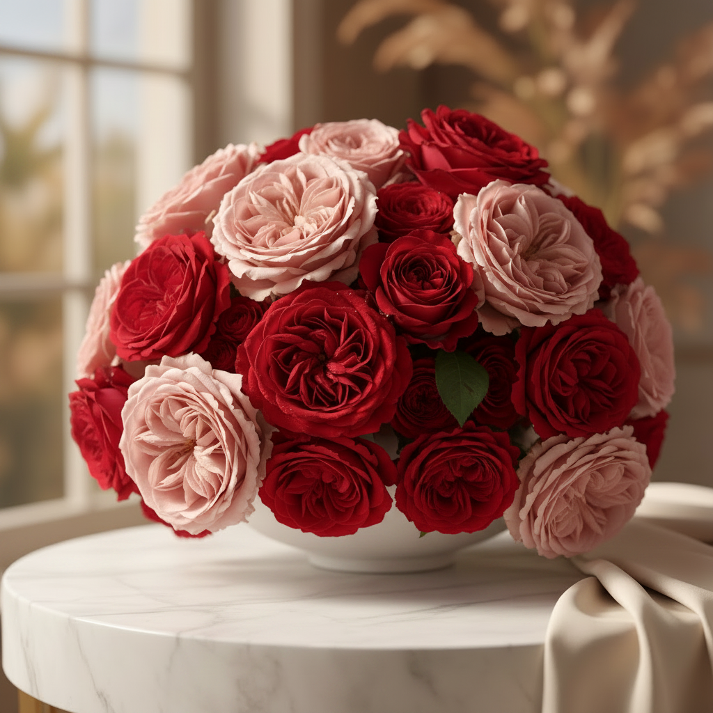 Bouquet of red and pink roses in a white vase on a marble surface.