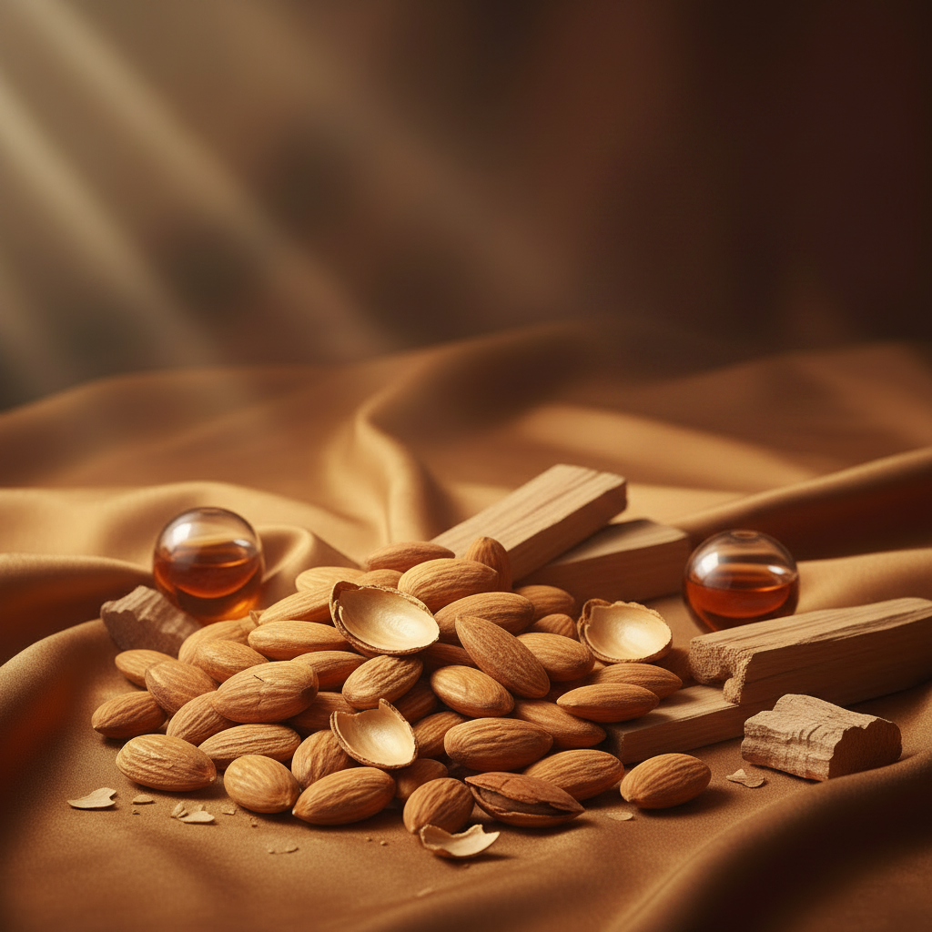 Almonds with Sandalwood and oil droplets on a brown fabric background