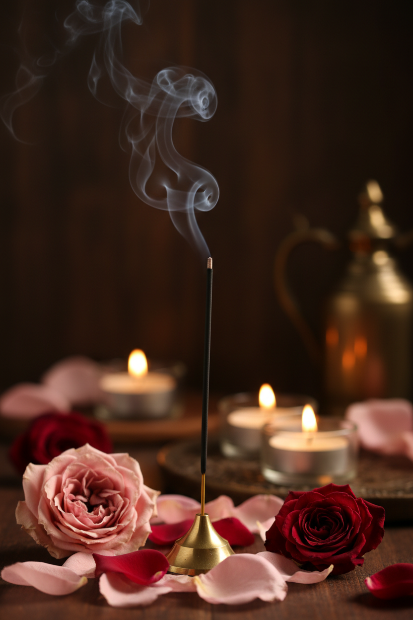 Rose Incense stick with smoke, candles, and roses on a dark background
