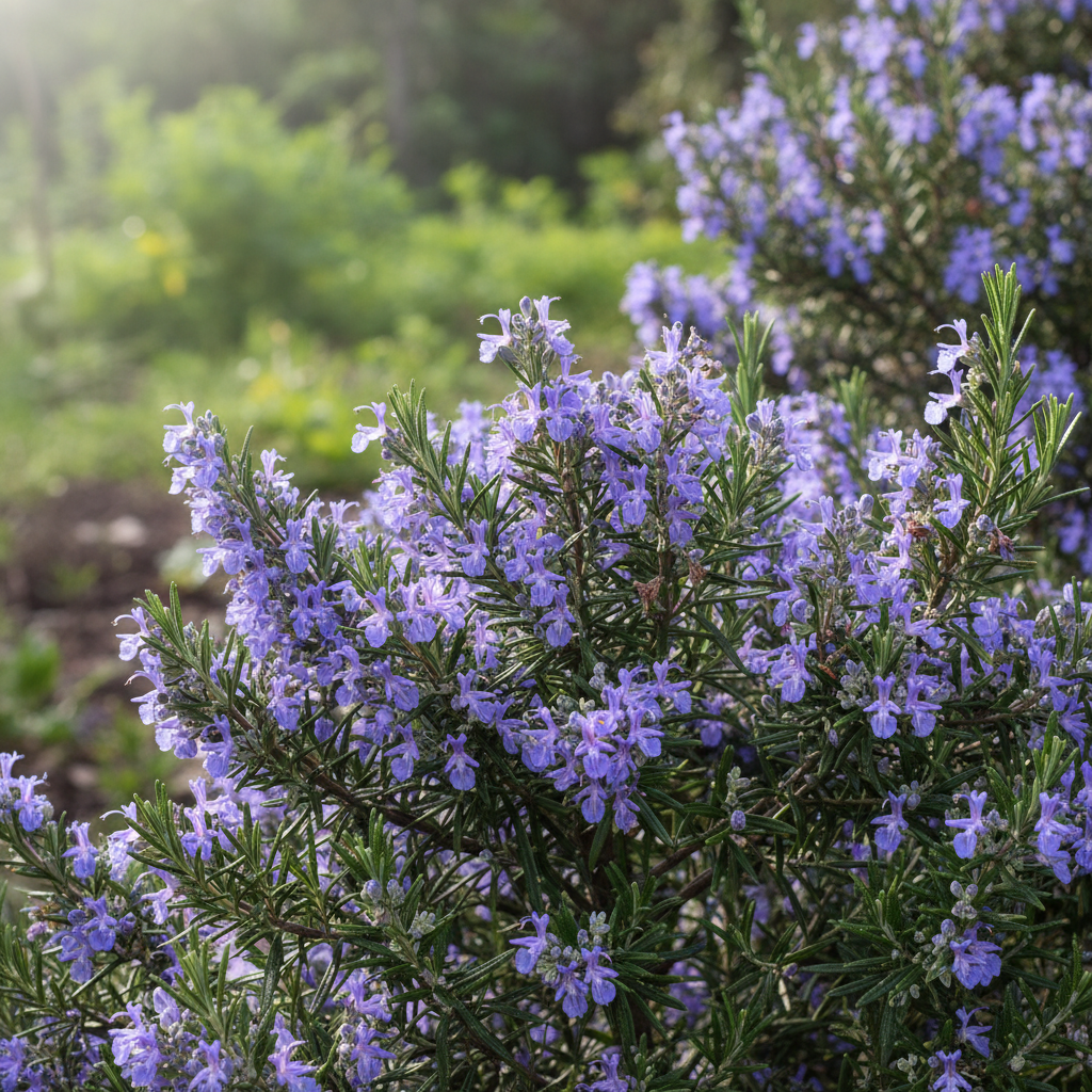 Close-up of a rosemary plant with purple flowers in a garden setting