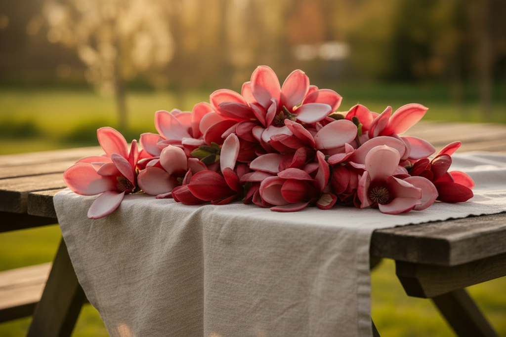 magnolia flowers on a wooden table with a blurred natural background