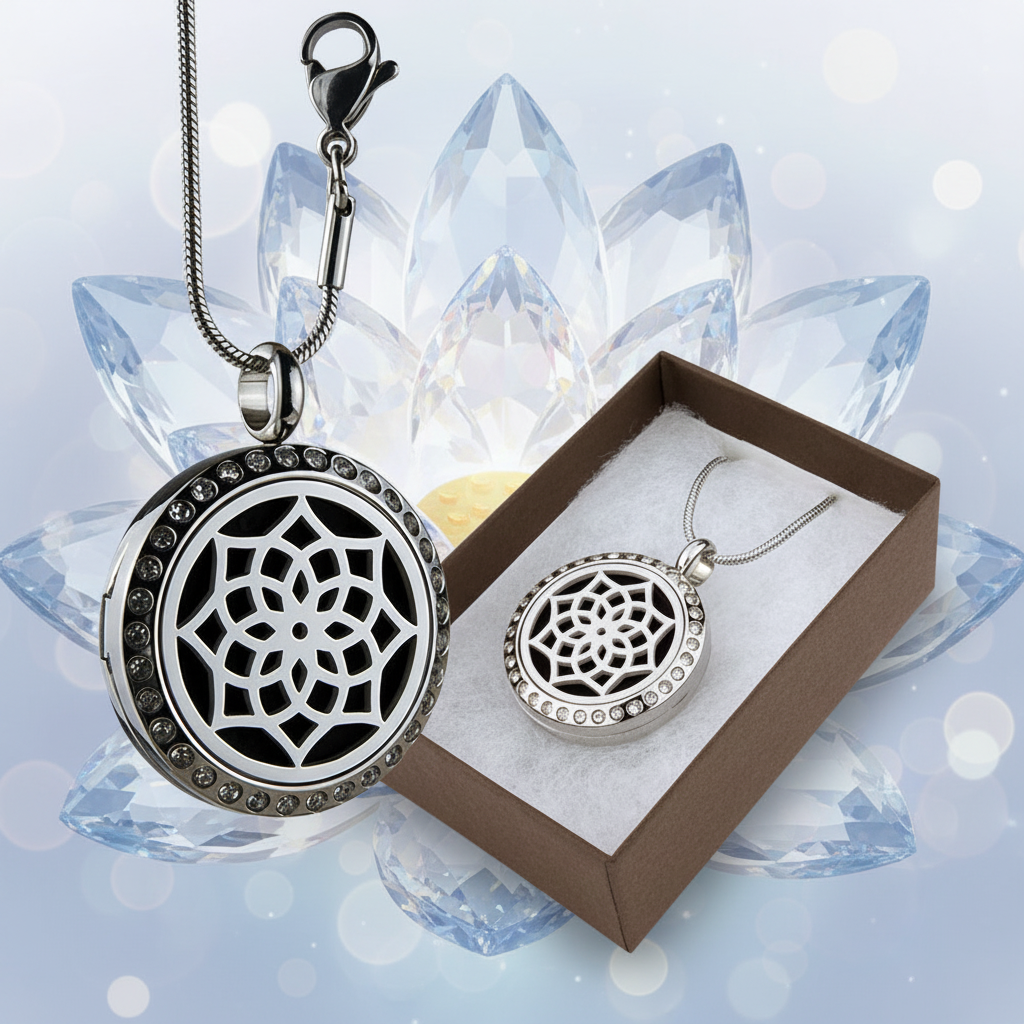 Silver pendant with geometric design in a box on a white background