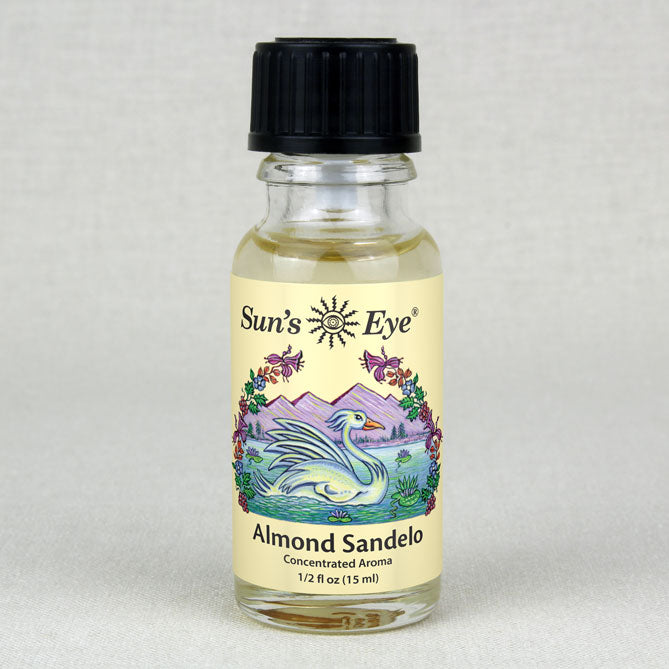 Bottle of Sun's Eye Almond Sandelwood aroma on a light gray background