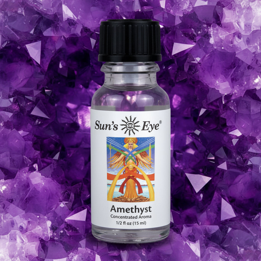 Bottle of Sun's Eye Amethyst concentrated aroma on a Amethyst background