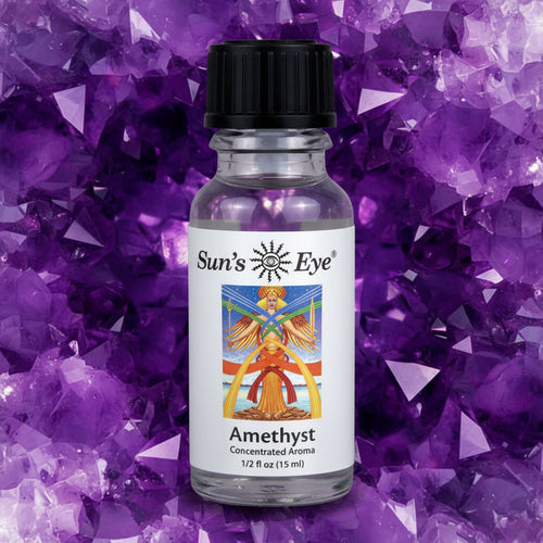 Bottle of Sun's Eye Amethyst concentrated aroma on a Amethyst background
