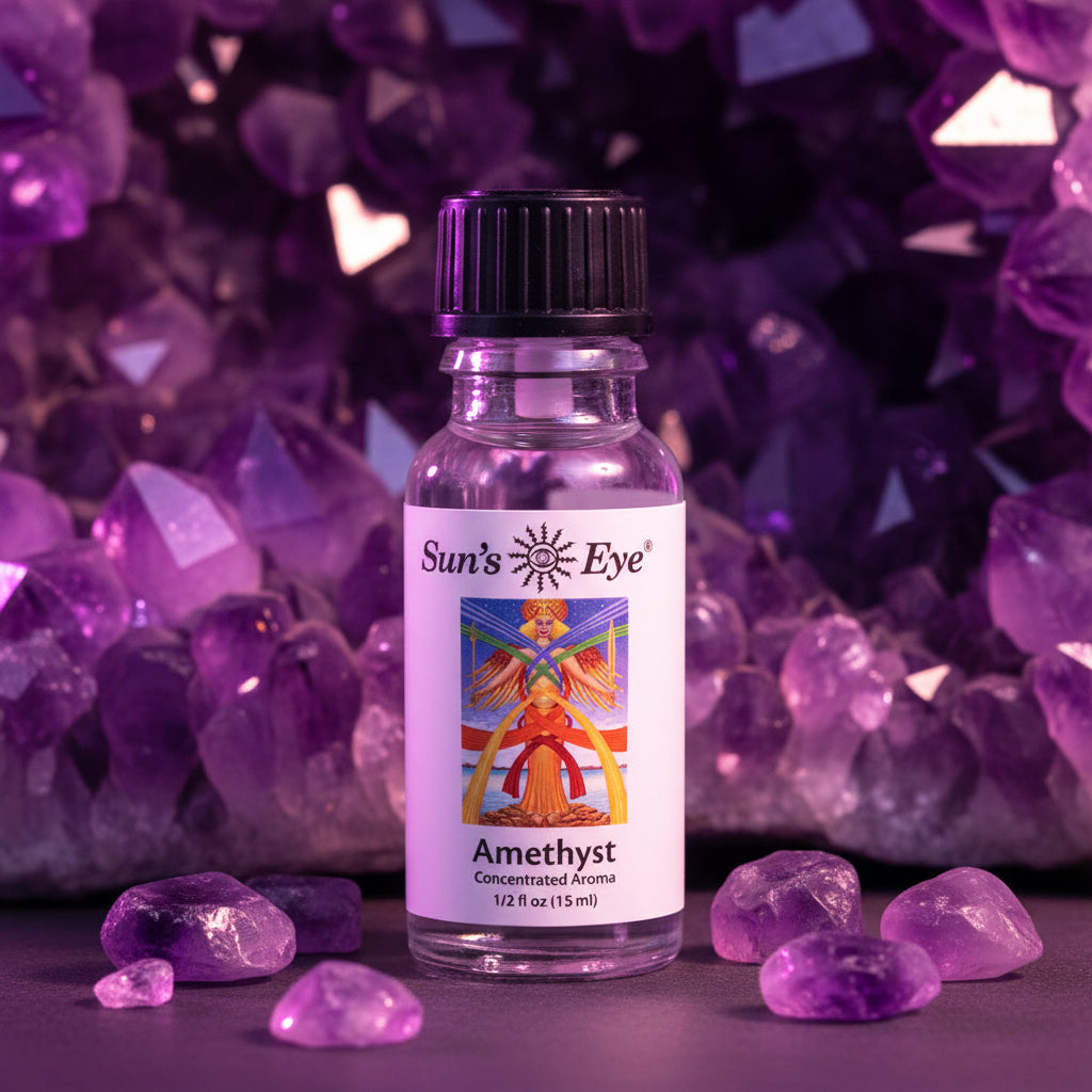 Bottle of Sun's Eye Amethyst concentrated aroma on a amethyst background