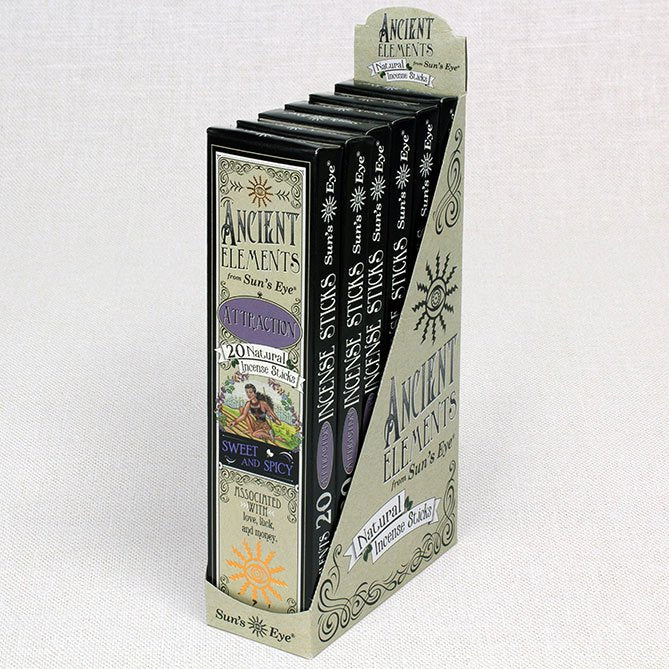 Display of 'Ancient Elements' incense sticks packaging on a white background