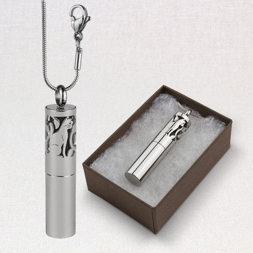 Silver cylindrical urn with cat design on a white background