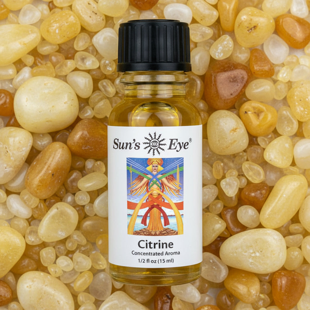 Bottle of Sun's Eye Citrine concentrated aroma on a citrine background