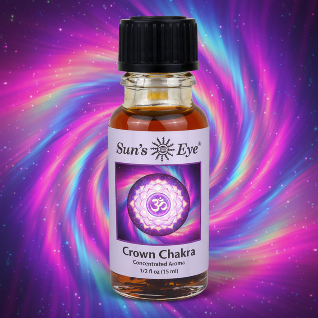 Bottle of Sun's Eye Crown Chakra concentrate aroma on a light gray background