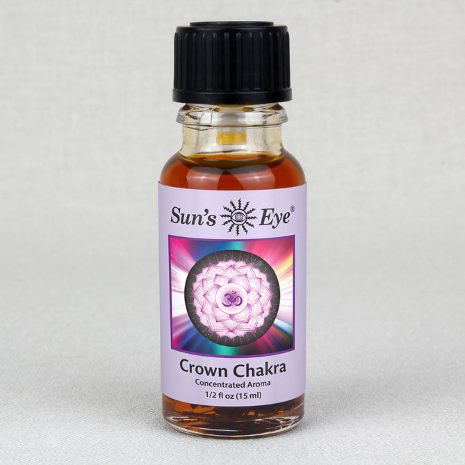 Bottle of Sun's Eye Crown Chakra concentrate aroma on a light gray background