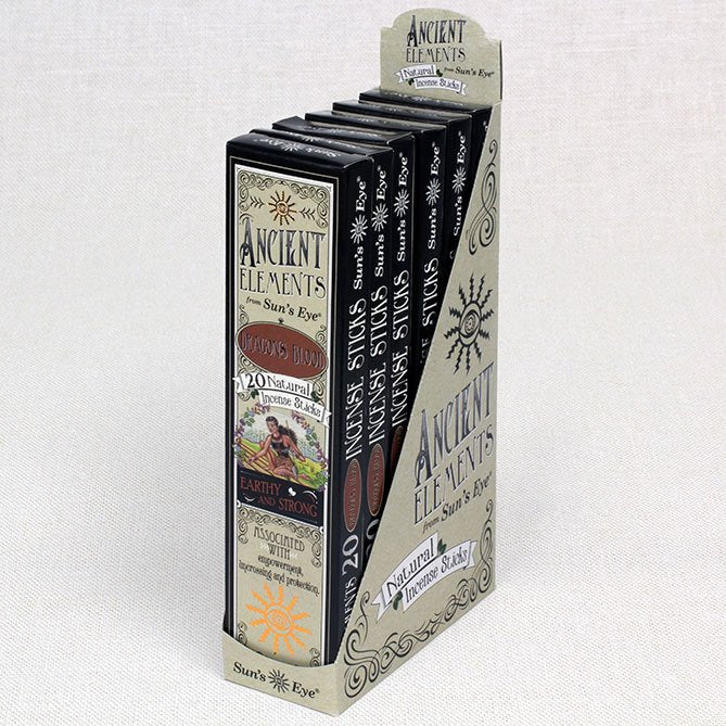 Display of 'Ancient Elements' incense sticks packaging on a white background