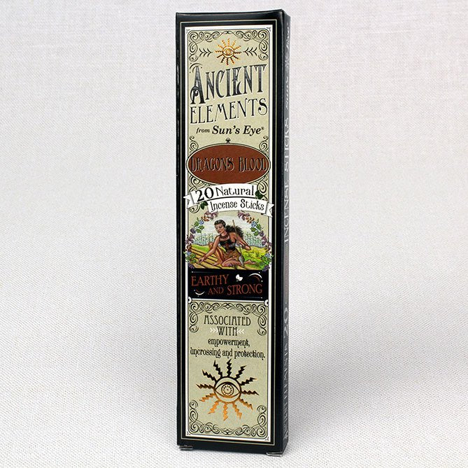 Box of 'Ancient Elements' incense sticks on a white background