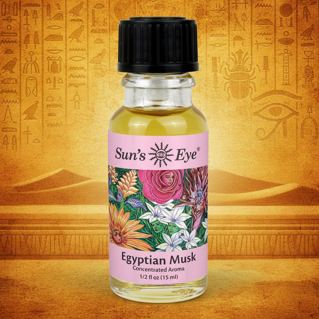 Bottle of Sun's Eye Egyptian Musk concentrated aroma on a light gray background