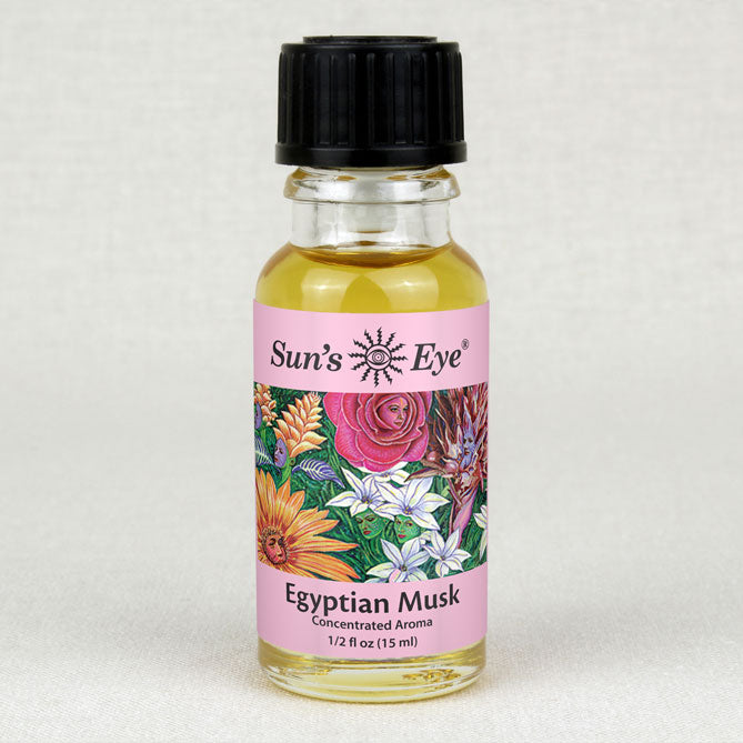 Bottle of Sun's Eye Egyptian Musk concentrated aroma on a light gray background
