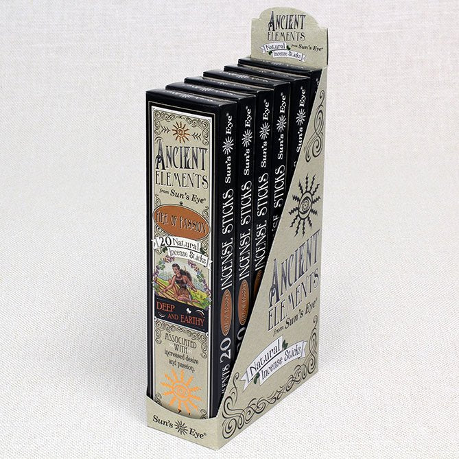 Packaging of 'Ancient Elements' incense sticks on a white background