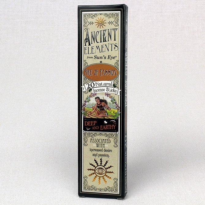 Box of 'Ancient Elements' incense sticks on a white background