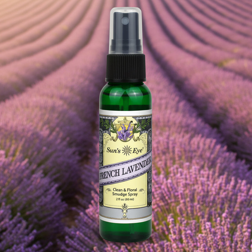 Bottle of Sun's Eye French Lavender Smudge Spray on a French Lavender  background