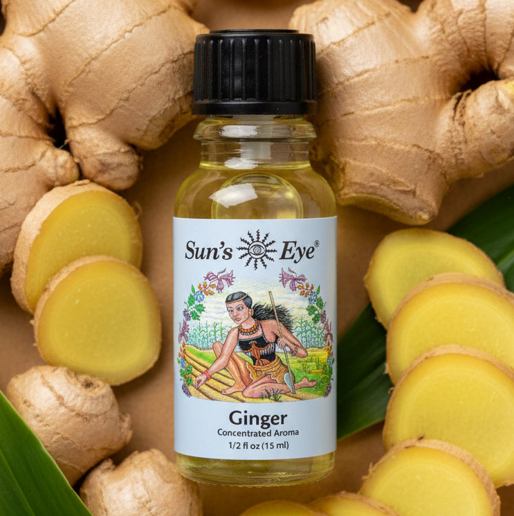 Bottle of Sun's Eye Ginger Concentrated Aroma on a fresh ginger  background