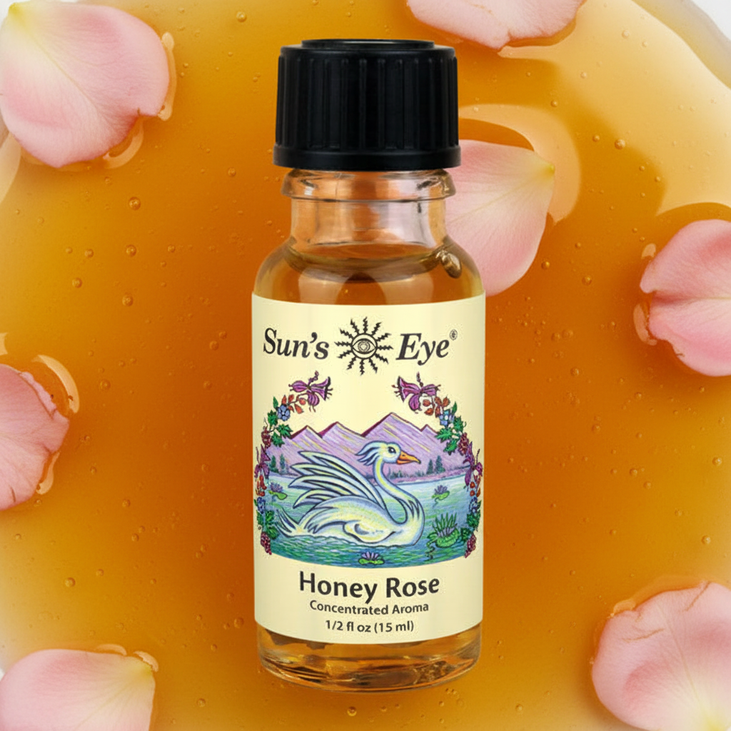Bottle of Sun's Eye Honey Rose aroma with floral background