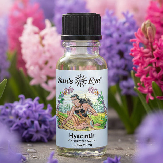 Bottle of Sun's Eye Hyacinth concentrated aroma on a light gray background