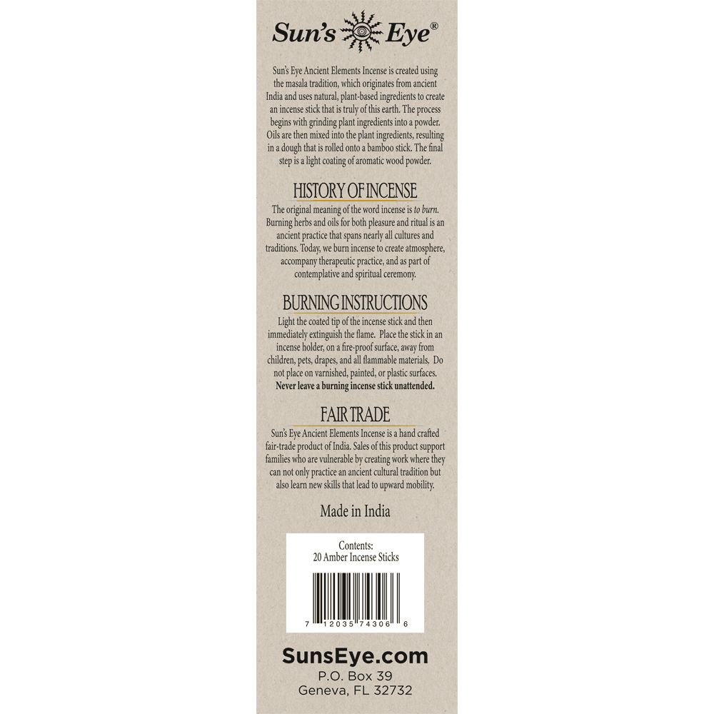Back label of Sun's Eye incense packaging with text and branding.