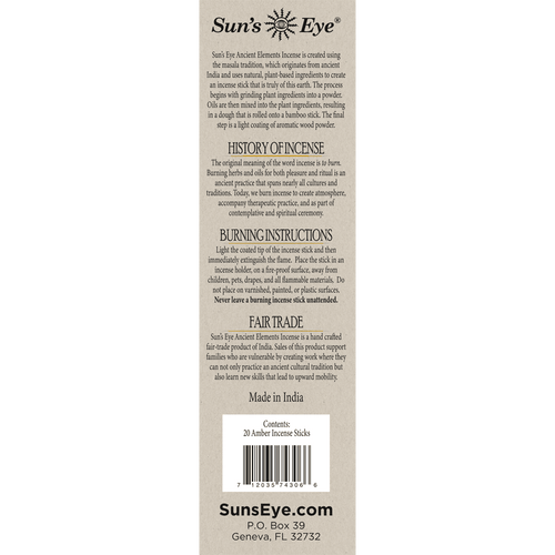 Back label of Sun's Eye incense packaging with text and branding.