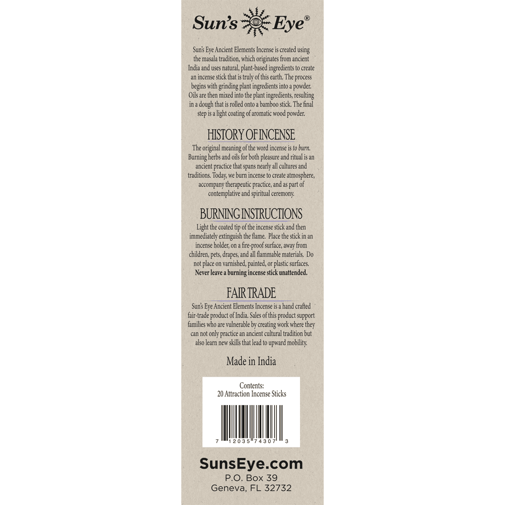 Back label of Sun's Eye incense packaging with text and branding.